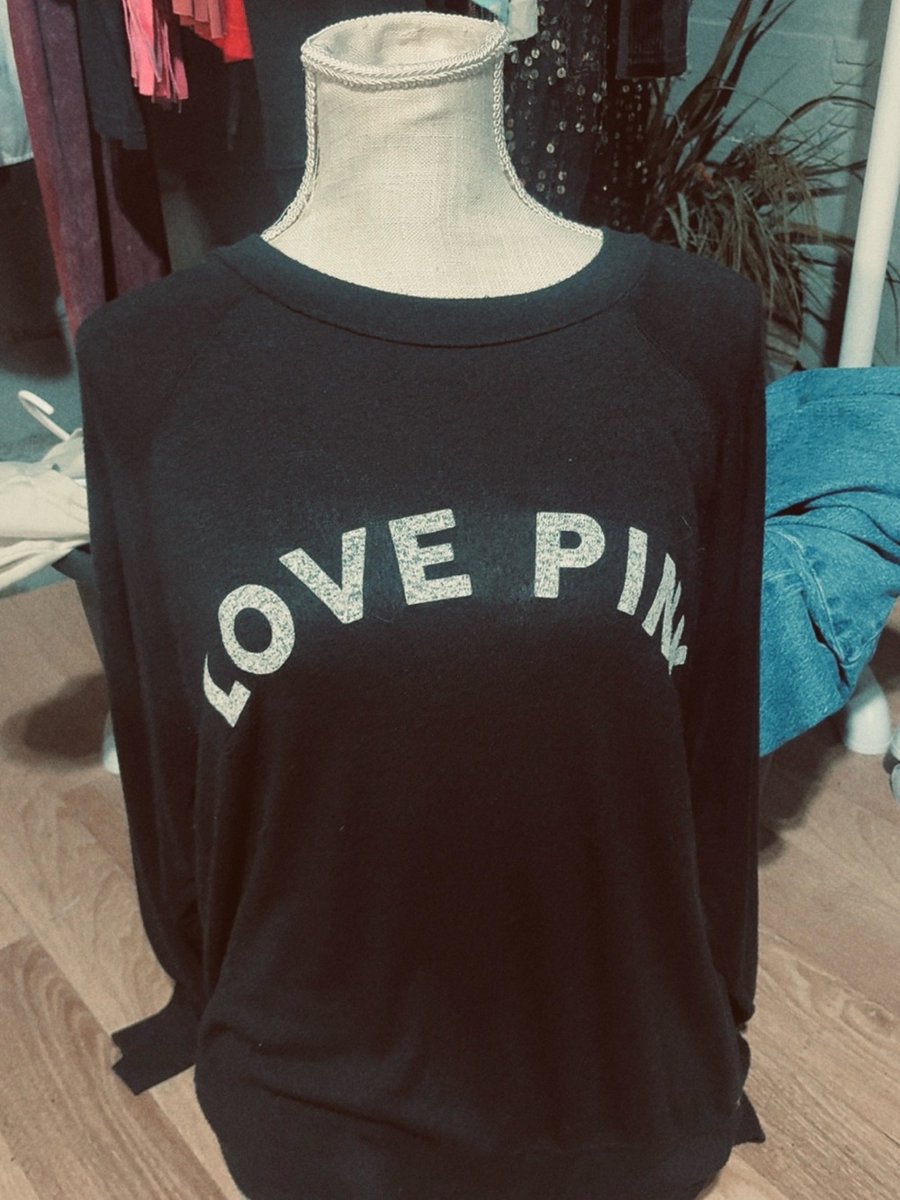PINK Victoria's Secret Black Crewneck Sweater with 'LOVE PINK' Glitter Logo